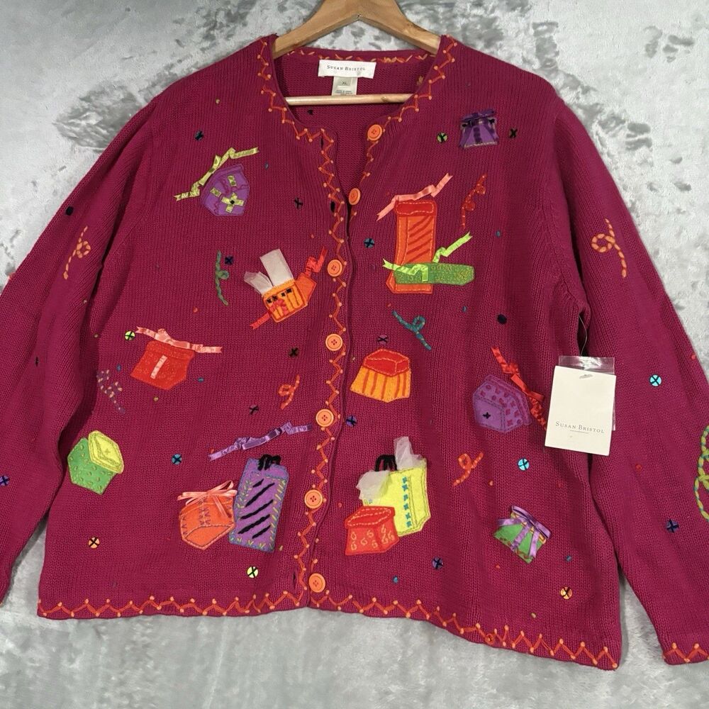 Susan Bristol Vintage 2000 Pink Gift Box Cardigan Sweater Size XL Christmas NWT